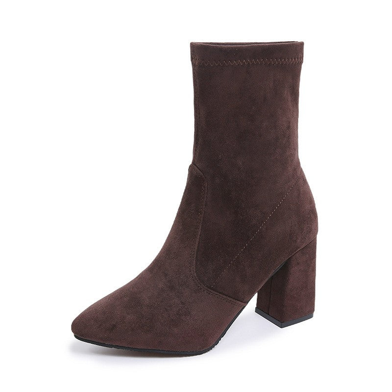 Stretch Faux Suede Block Heel Ankle Boots - Brown