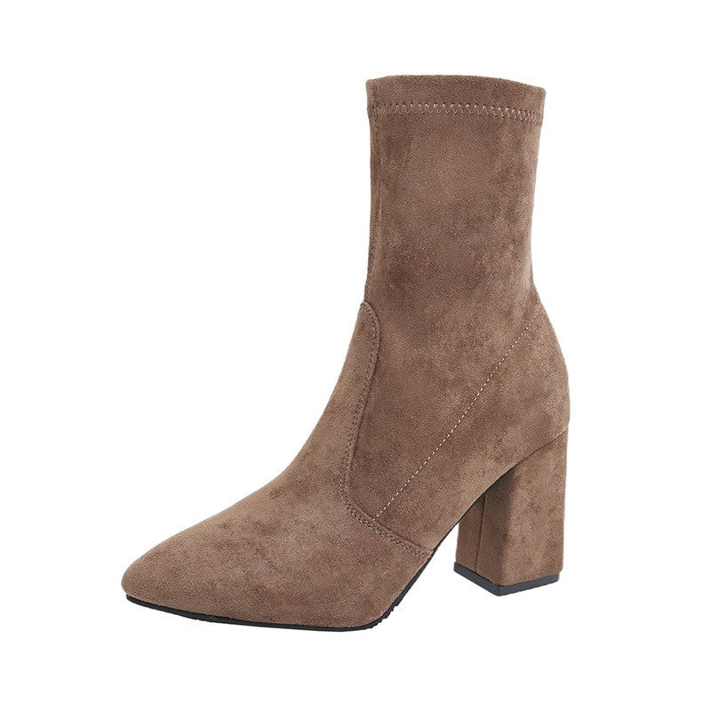 Stretch Faux Suede Block Heel Ankle Boots - Taupe
