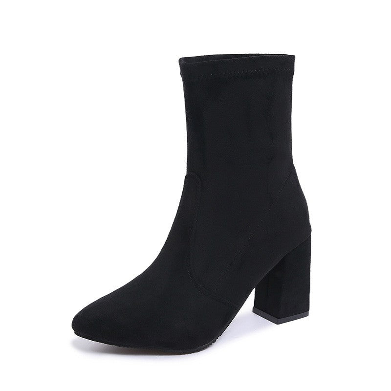 Stretch Faux Suede Block Heel Ankle Boots