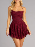 Corset Bodice Lace Ruffle Mini Dress - Red