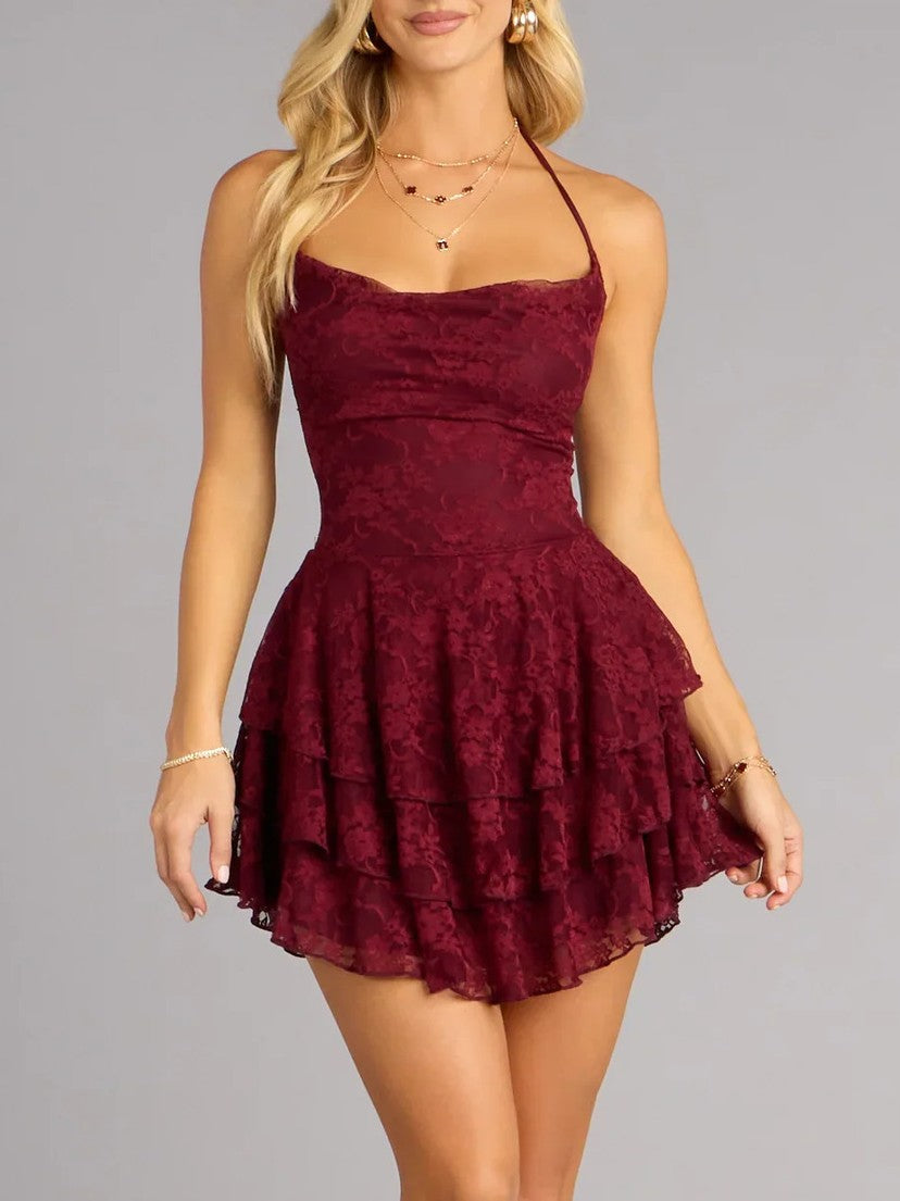 Corset Bodice Lace Ruffle Mini Dress - Red