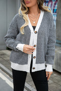 Chevron Knit Contrast Trim Button Cardigan - Black