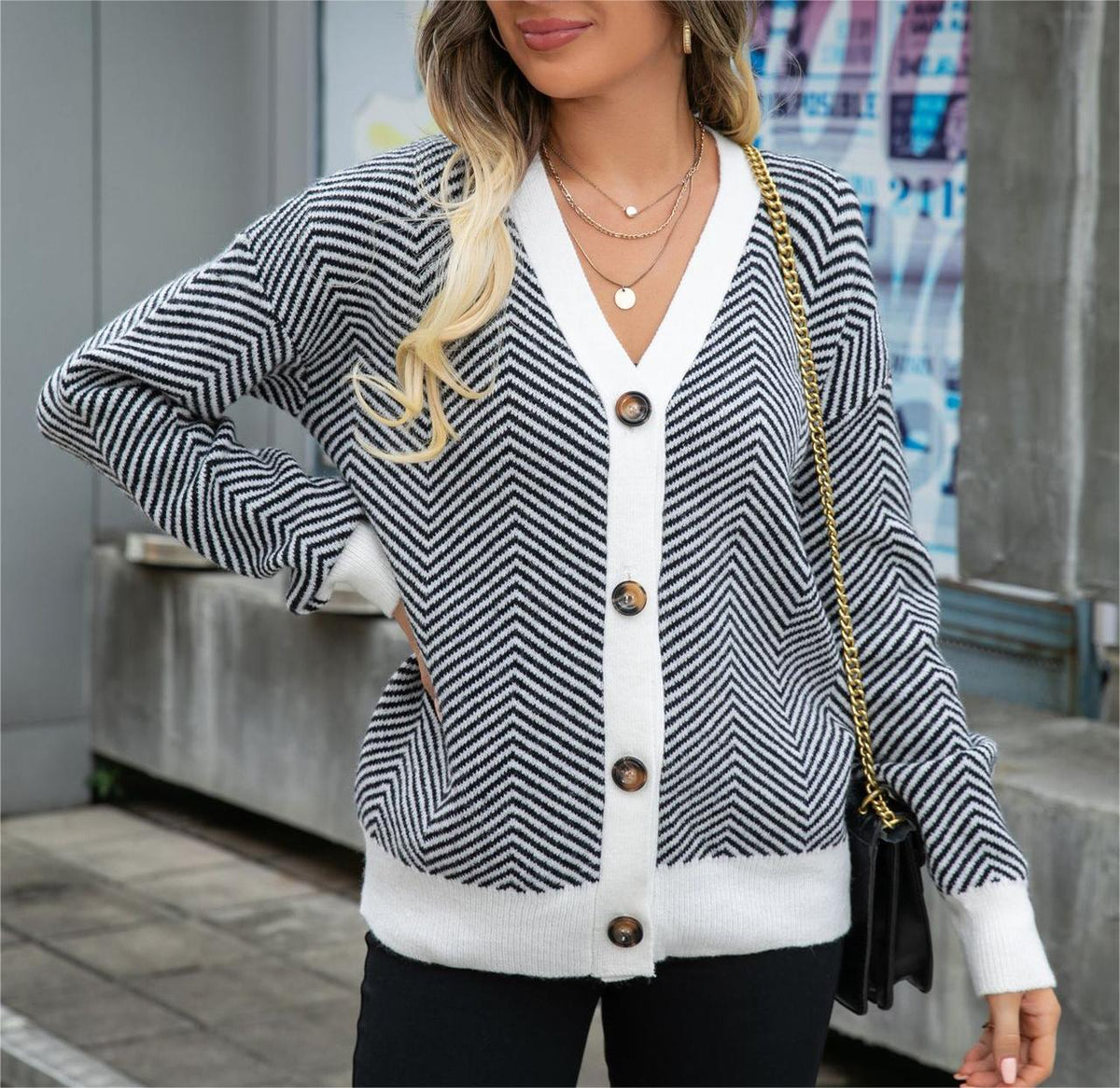 Chevron Knit Contrast Trim Button Cardigan - Black - 1