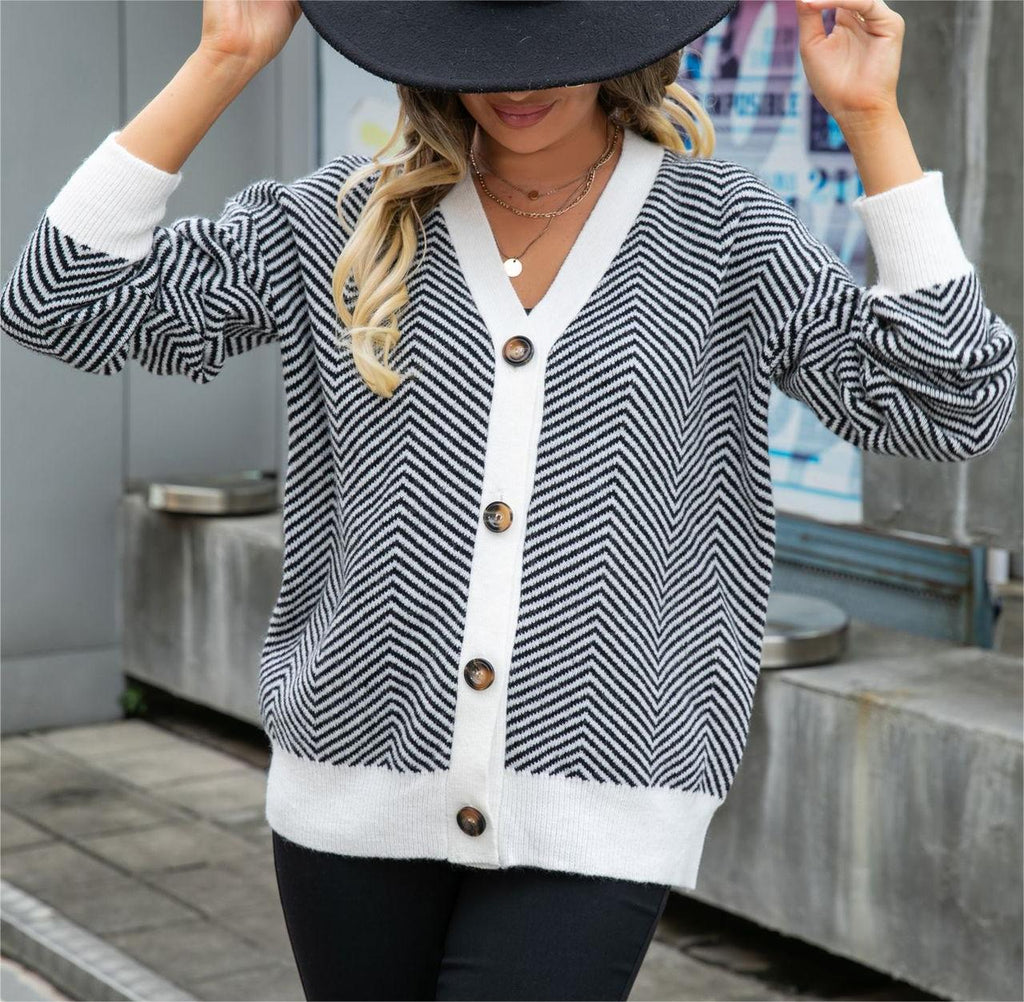 Chevron Knit Contrast Trim Button Cardigan - Black - 3