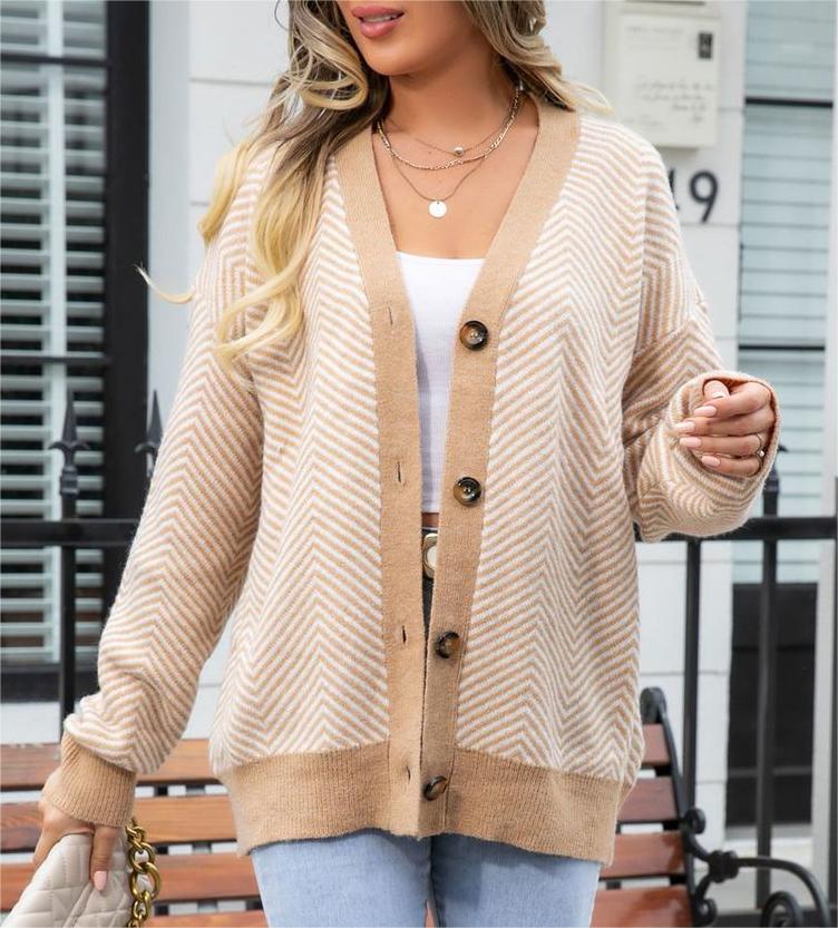 Chevron Knit Contrast Trim Button Cardigan - view 1