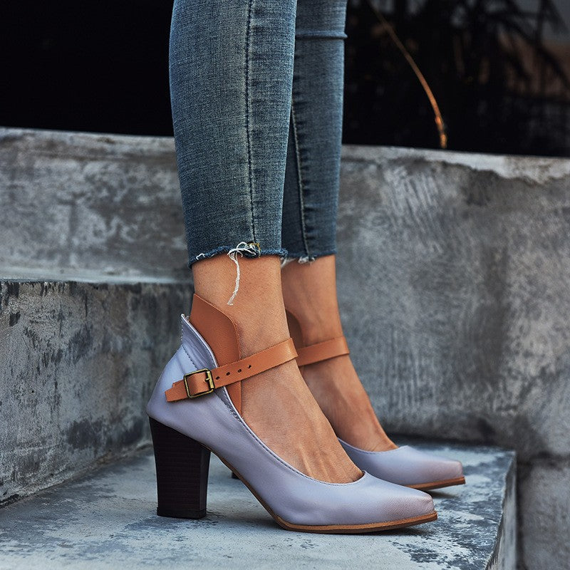 Two Tone Pointed Toe Ankle Strap Block Heel Pumps