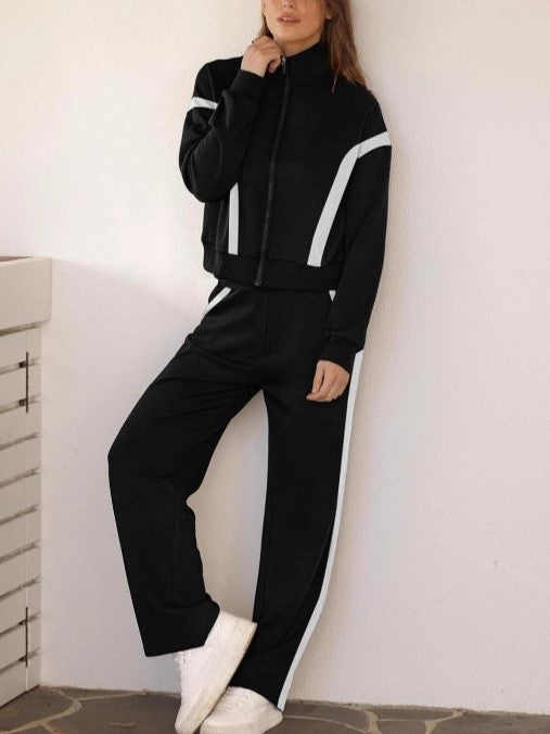 Contrast Panel Zip Track Jacket And Pants Set - Black
