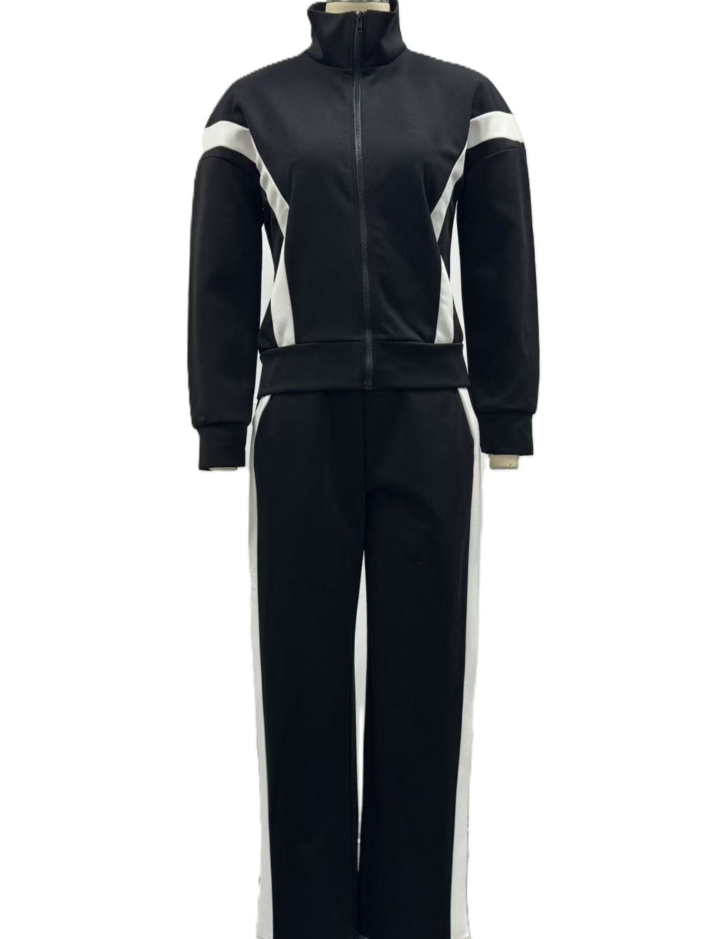 Contrast Panel Zip Track Jacket And Pants Set - Black - 1