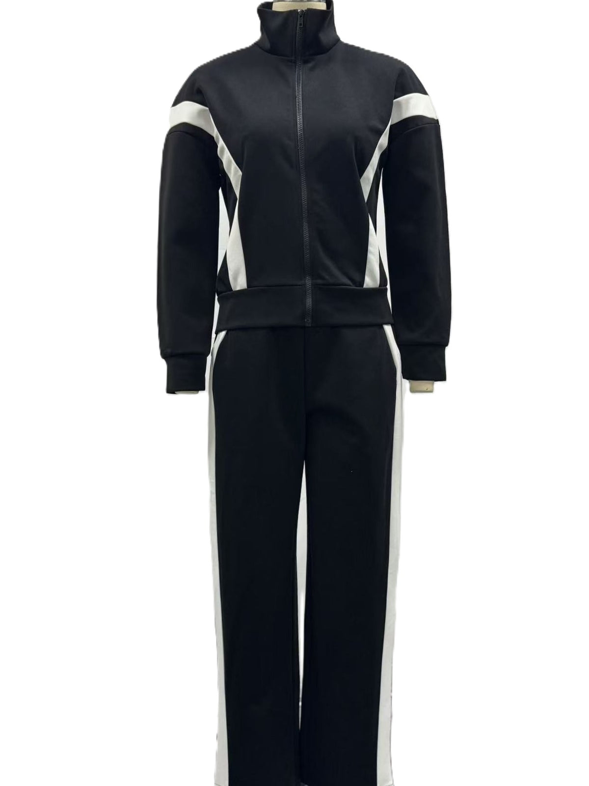 Contrast Panel Zip Track Jacket And Pants Set - Black - 1