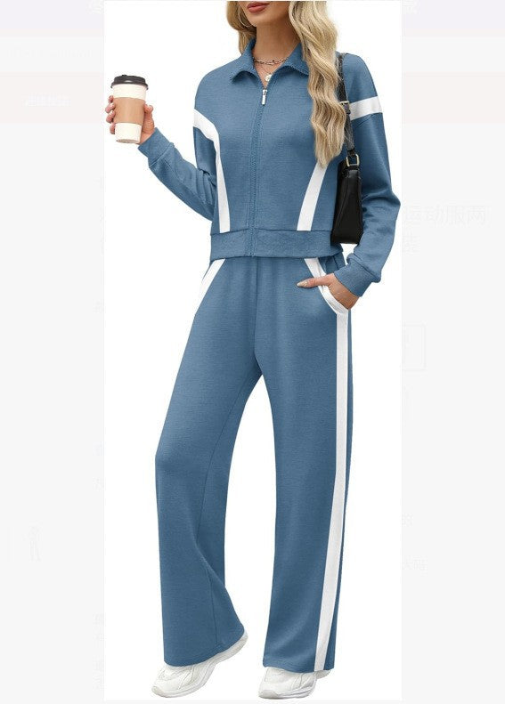Contrast Panel Zip Track Jacket And Pants Set - Blue