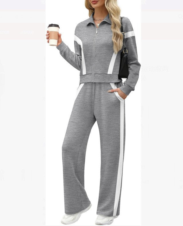 Contrast Panel Zip Track Jacket And Pants Set - Grey