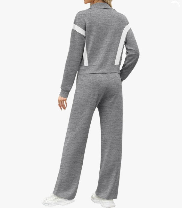 Contrast Panel Zip Track Jacket And Pants Set - Grey - 1