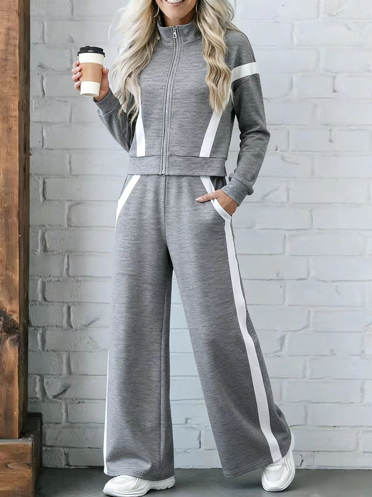 Contrast Panel Zip Track Jacket And Pants Set - Grey - 2