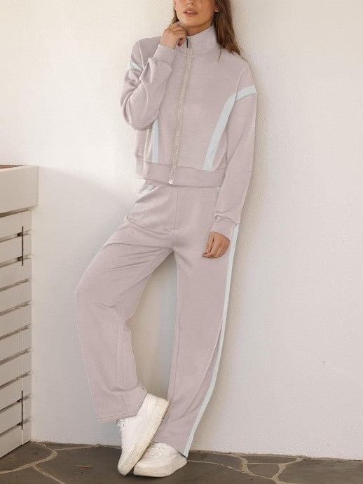 Contrast Panel Zip Track Jacket And Pants Set - Khaki