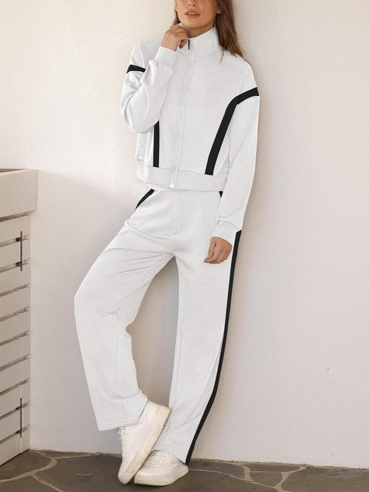 Contrast Panel Zip Track Jacket And Pants Set - White