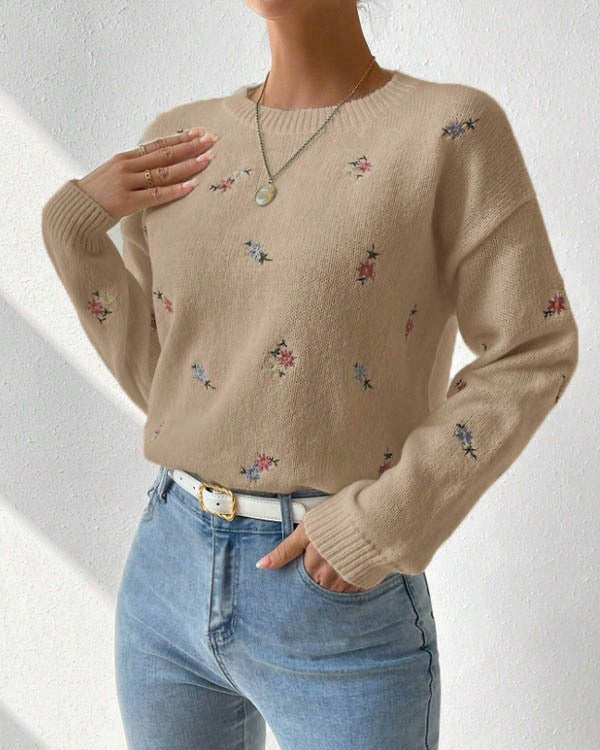 Ditsy Floral Embroidered Crew Neck Knit Sweater - Apricot