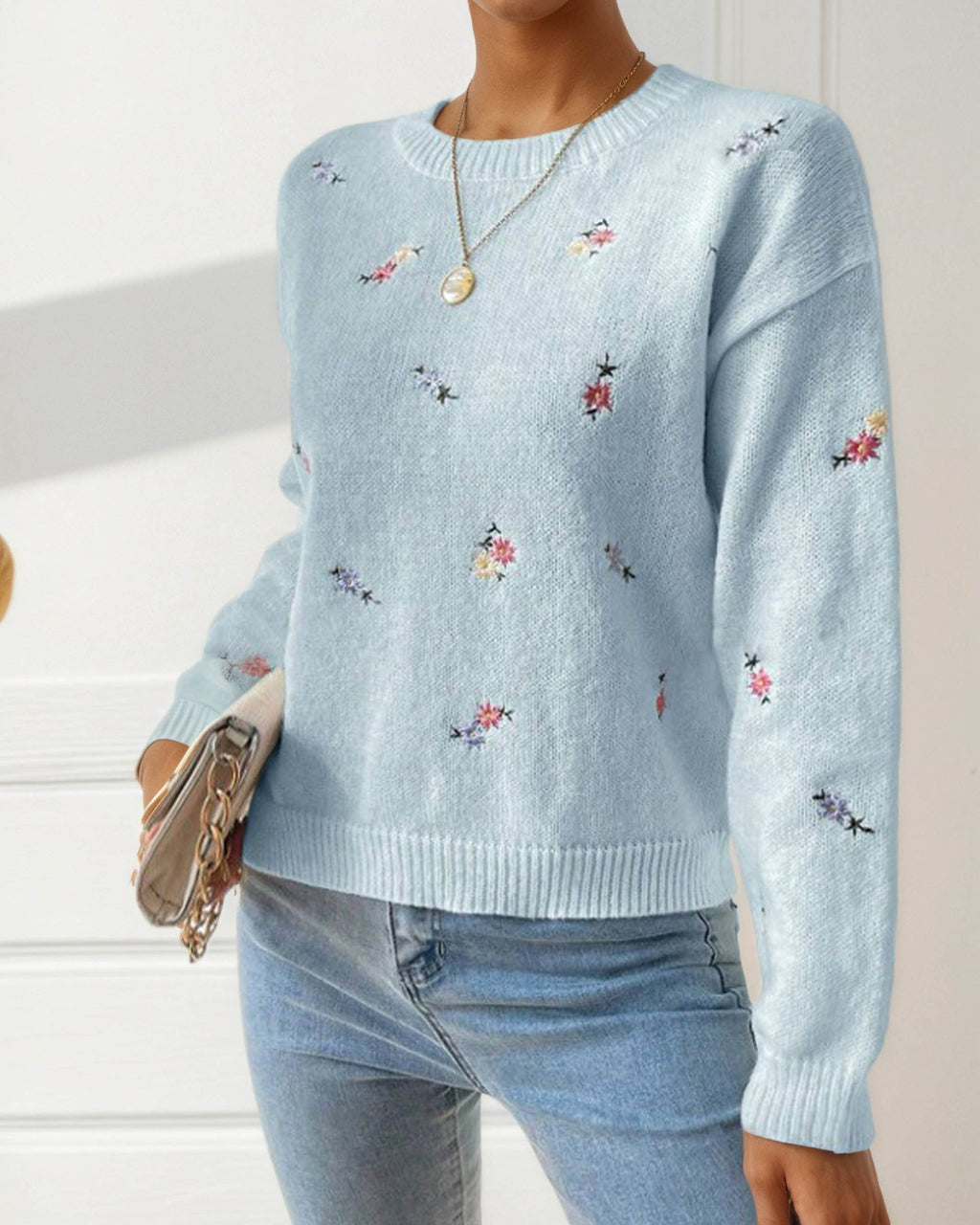 Ditsy Floral Embroidered Crew Neck Knit Sweater - Blue