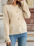 Ribbed Crew Neck Cardigan with Bow Appliques - Light_Khaki