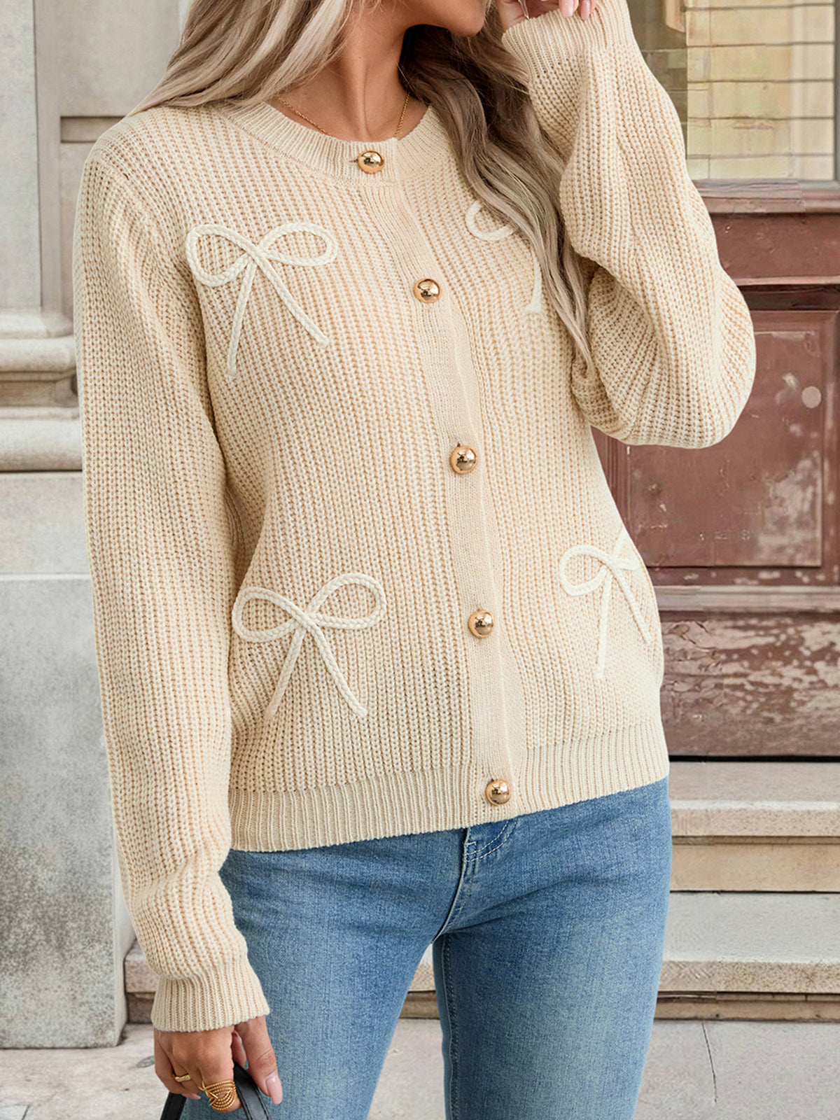 Ribbed Crew Neck Cardigan with Bow Appliques - Light_Khaki