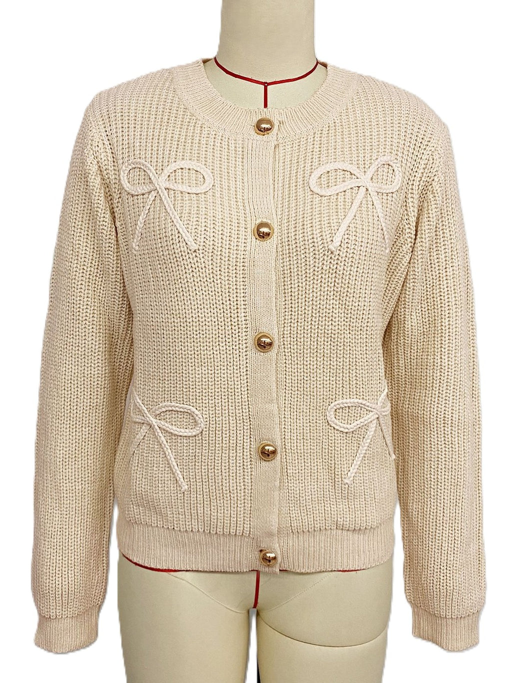 Ribbed Crew Neck Cardigan with Bow Appliques - Light_Khaki - 5