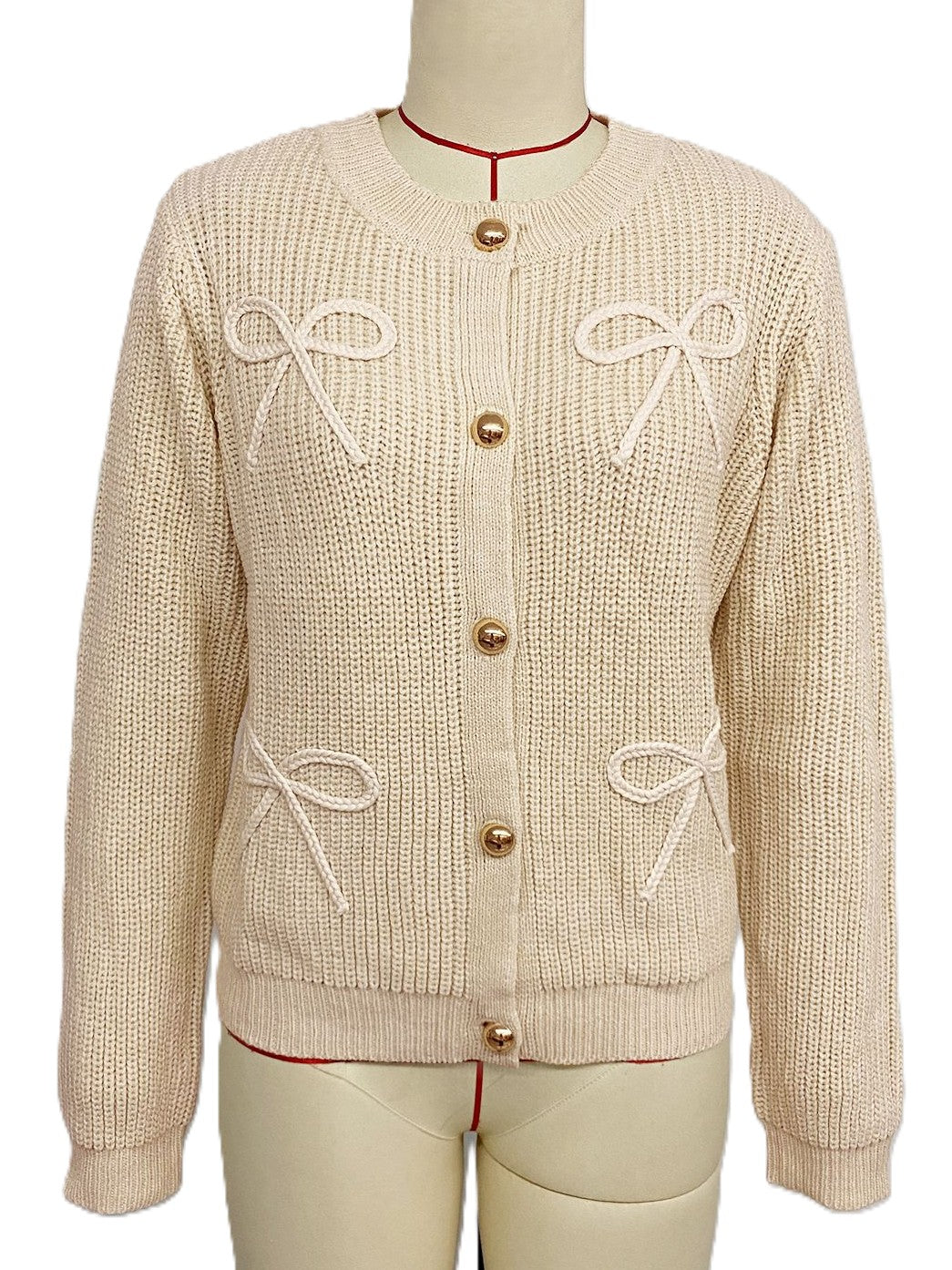Ribbed Crew Neck Cardigan with Bow Appliques - Light_Khaki - 5