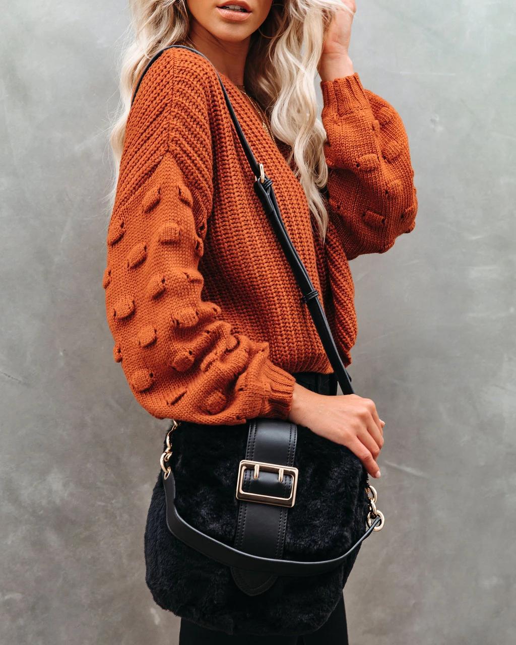 Textured Bobble Sleeve Cropped Knit Sweater - Orange - 1