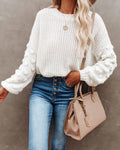 Textured Bobble Sleeve Cropped Knit Sweater - White