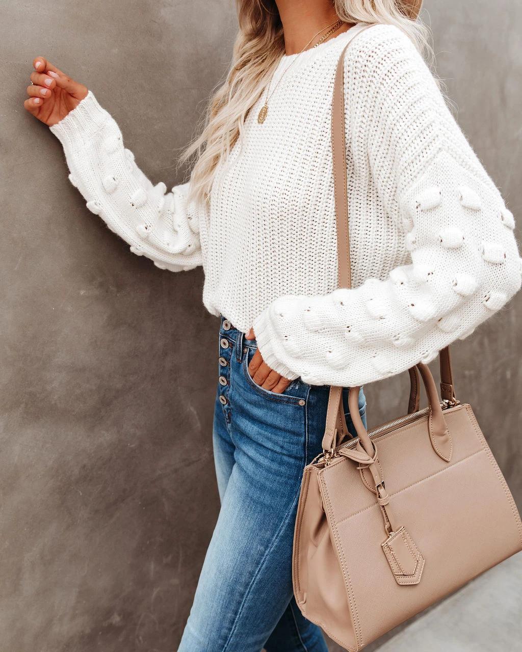 Textured Bobble Sleeve Cropped Knit Sweater - White - 1
