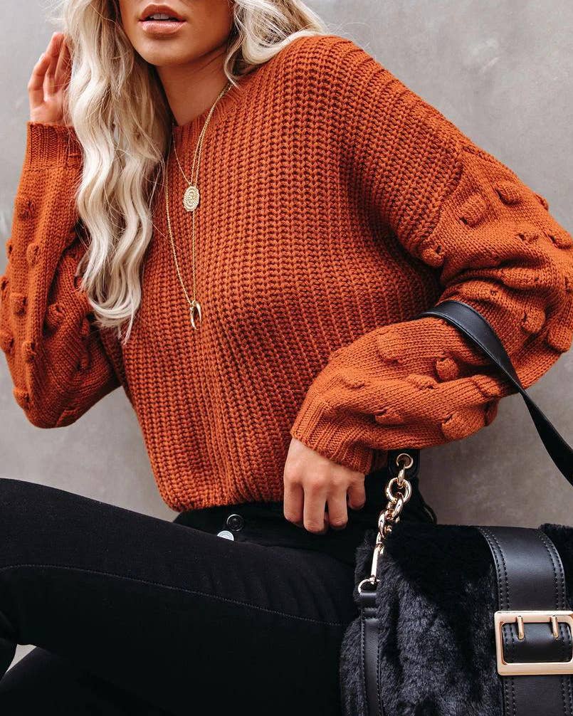 Textured Bobble Sleeve Cropped Knit Sweater
