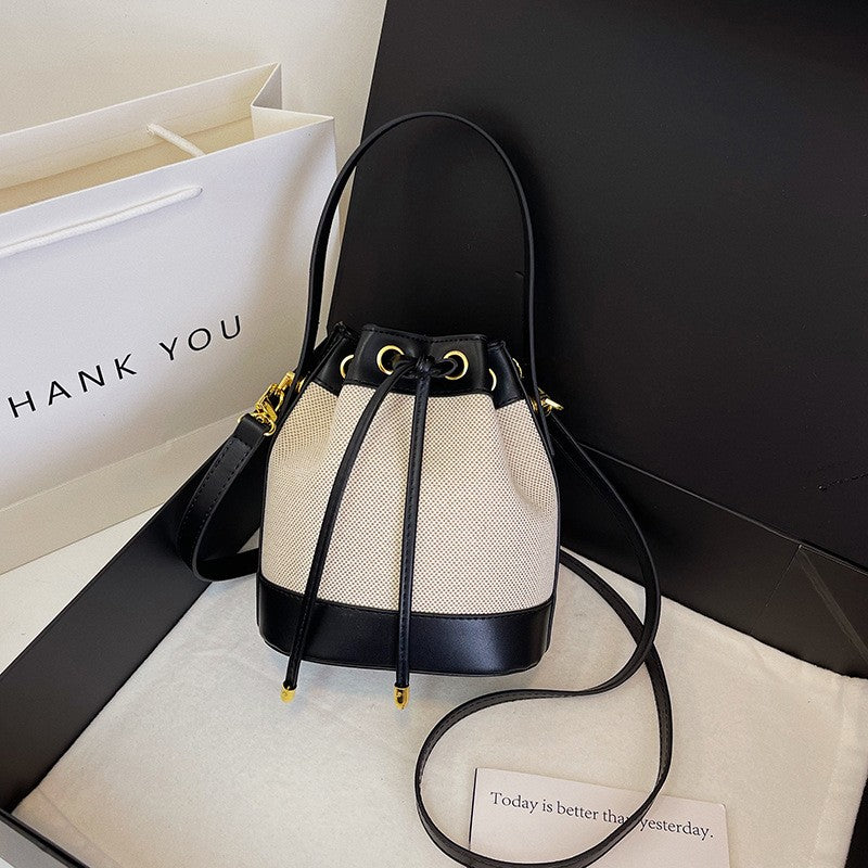 Two Tone Drawstring Mini Bucket Bag - Black