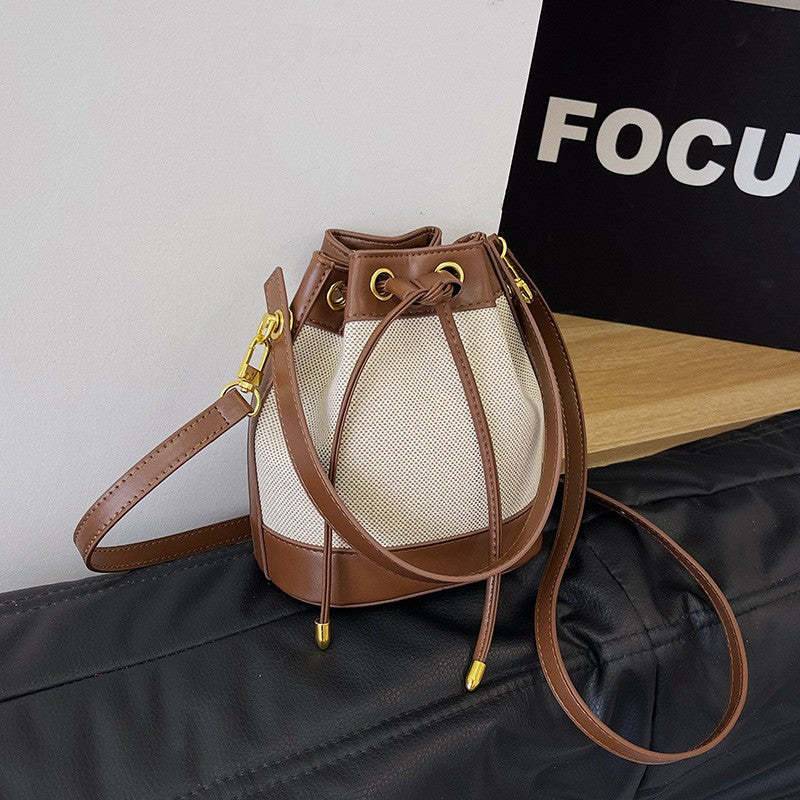 Two Tone Drawstring Mini Bucket Bag - Cocoa