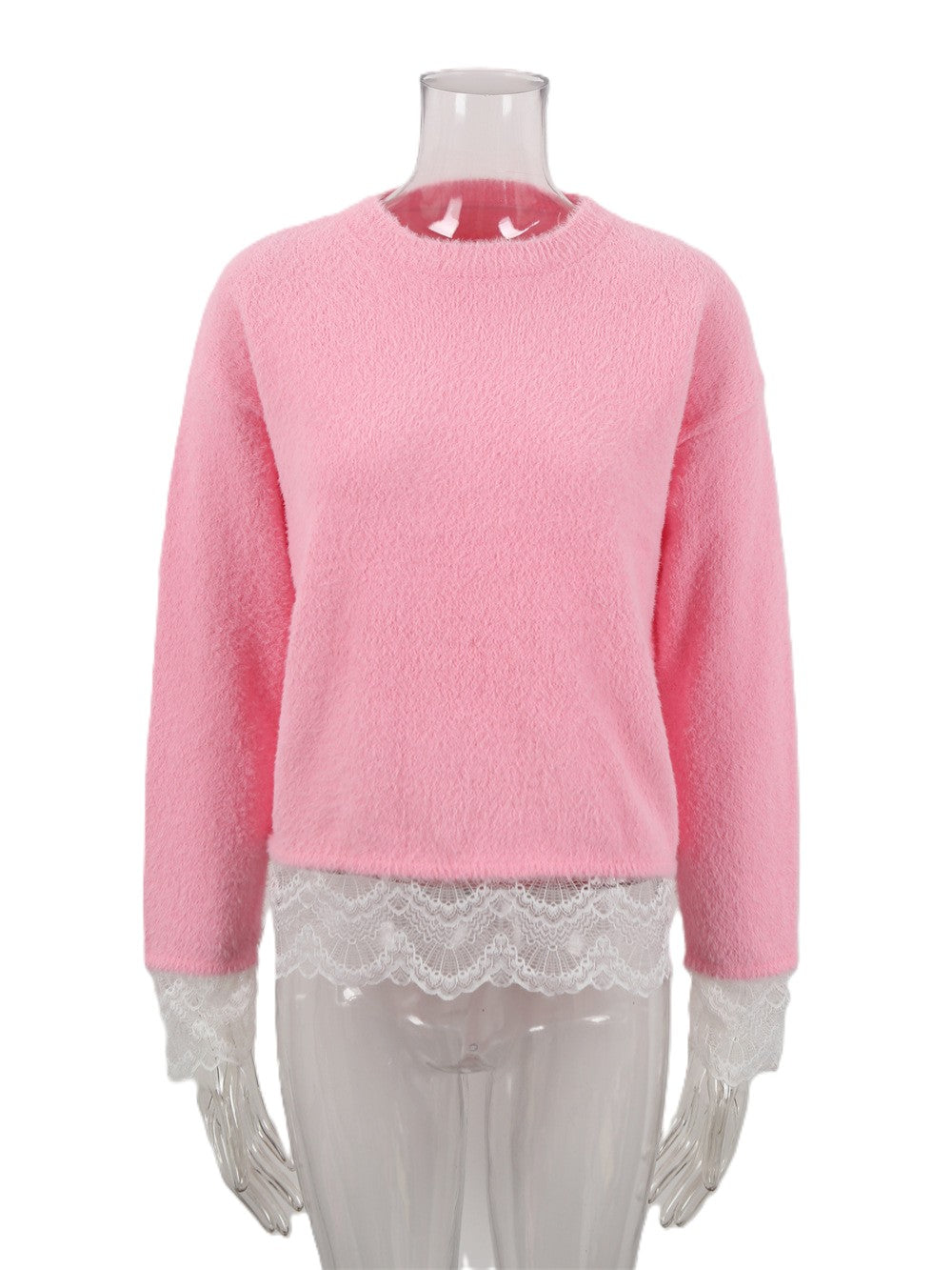Scalloped Lace Cuff Crewneck Knit Sweater - Pink