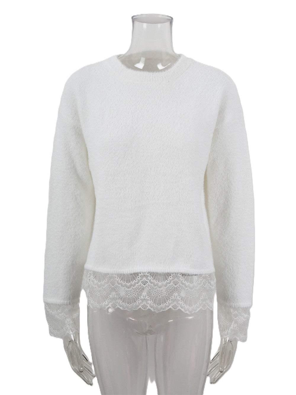 Scalloped Lace Cuff Crewneck Knit Sweater - White