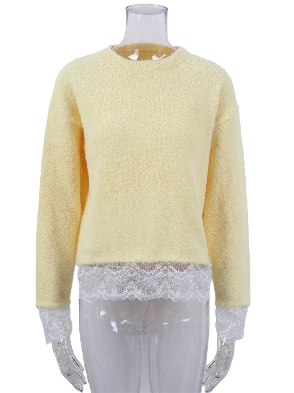 Scalloped Lace Cuff Crewneck Knit Sweater - Yellow - 1