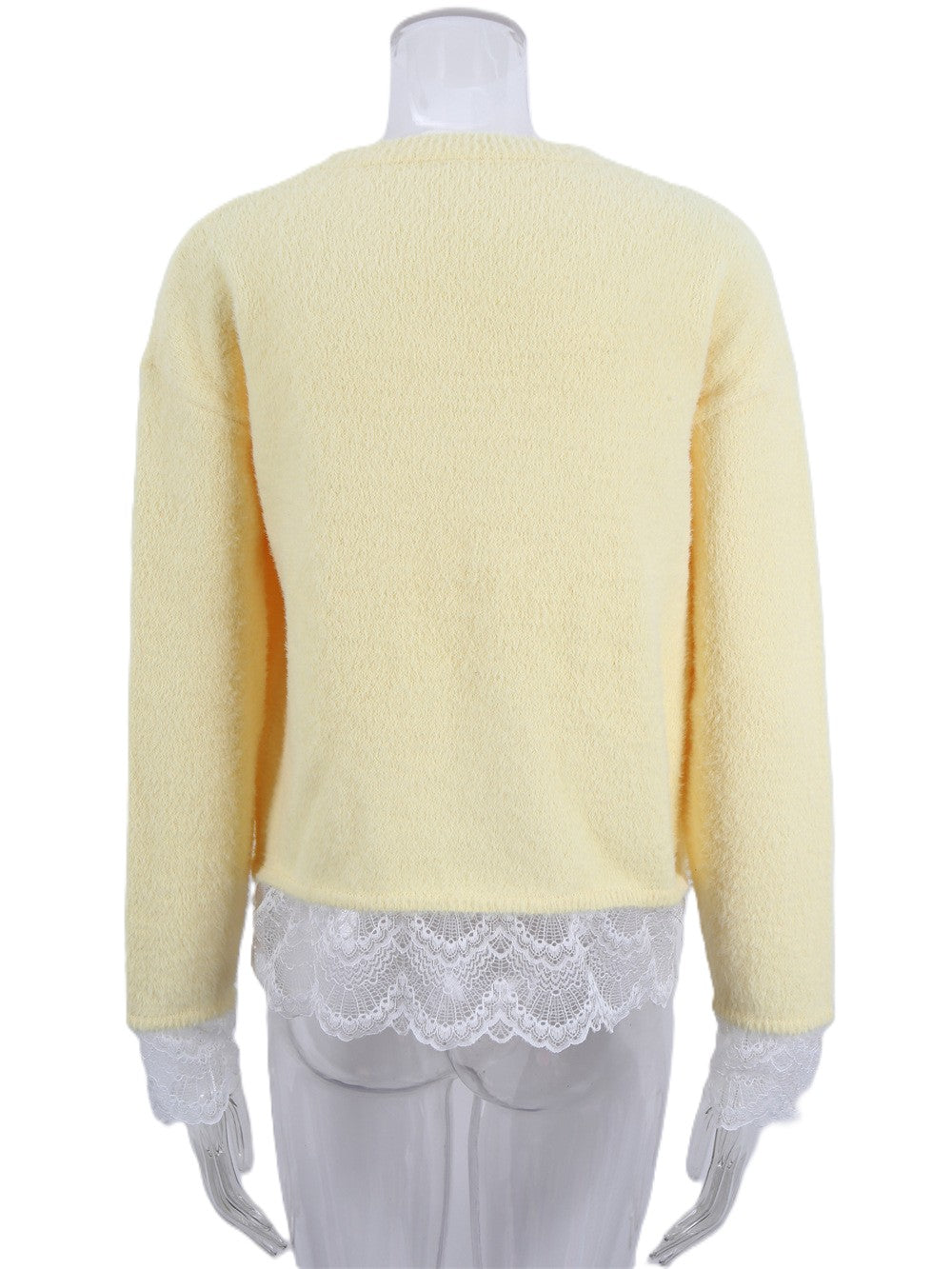 Scalloped Lace Cuff Crewneck Knit Sweater - Yellow - 2