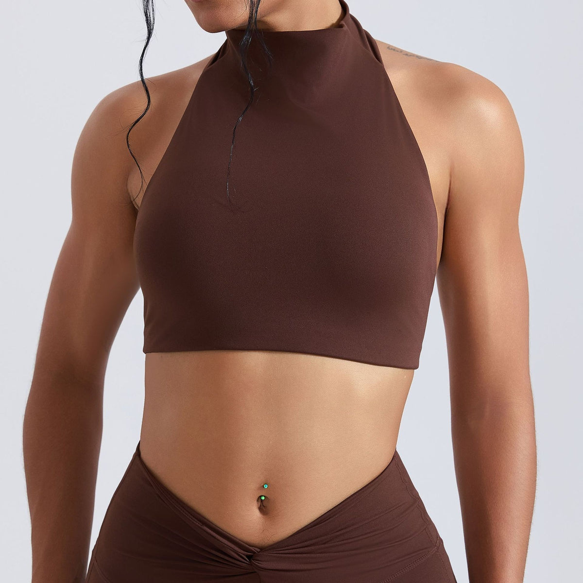 Cropped High Neck Halter Open Back Workout Bra