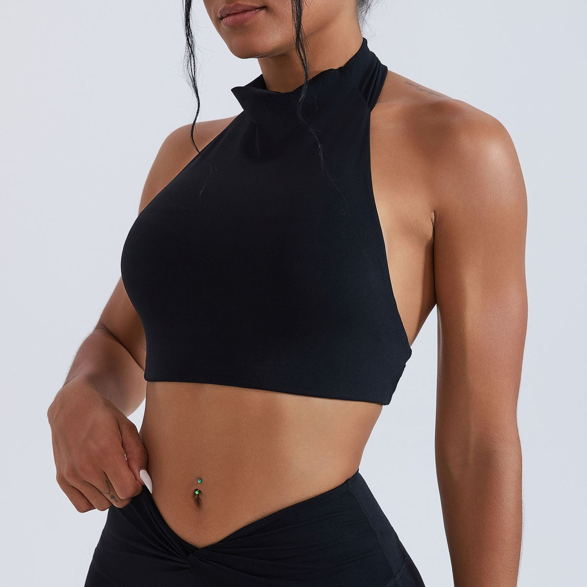 Cropped High Neck Halter Open Back Workout Bra
