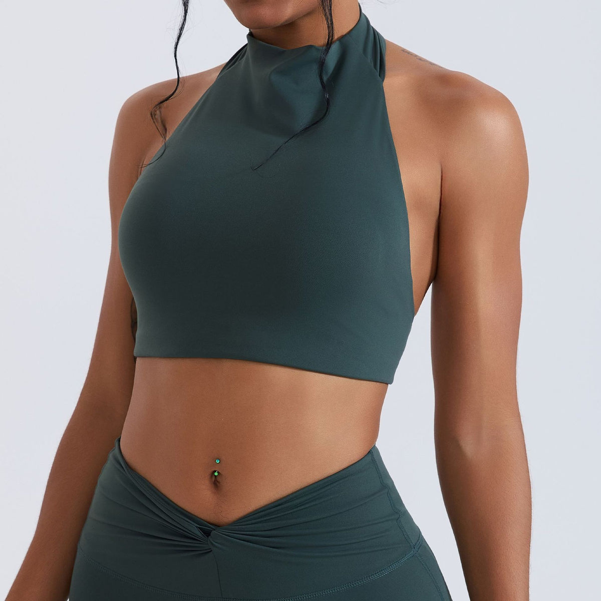 Cropped High Neck Halter Open Back Workout Bra