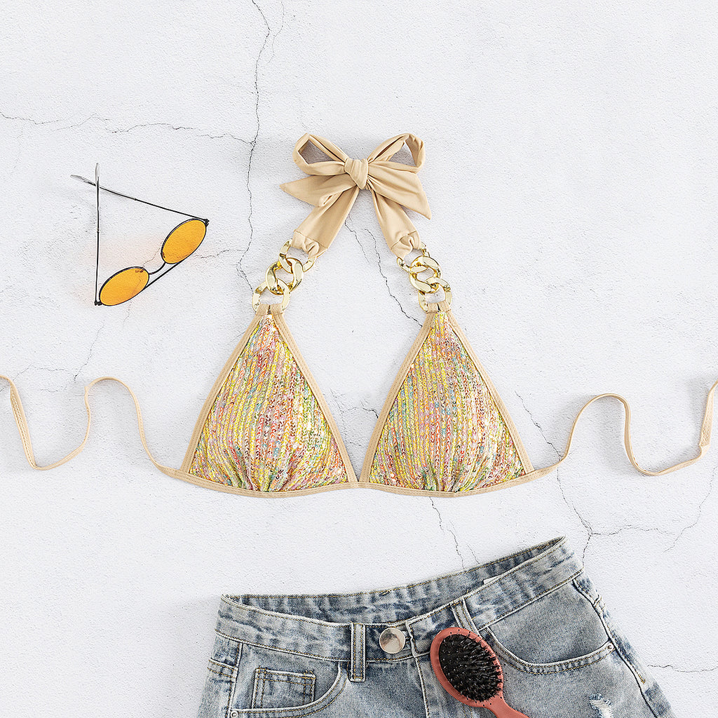 Sequin Chain Link Triangle Bikini Set - Golden - 5
