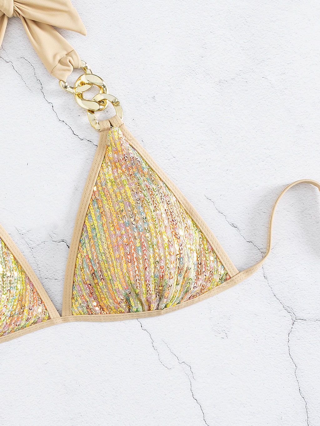 Sequin Chain Link Triangle Bikini Set - Golden - 6