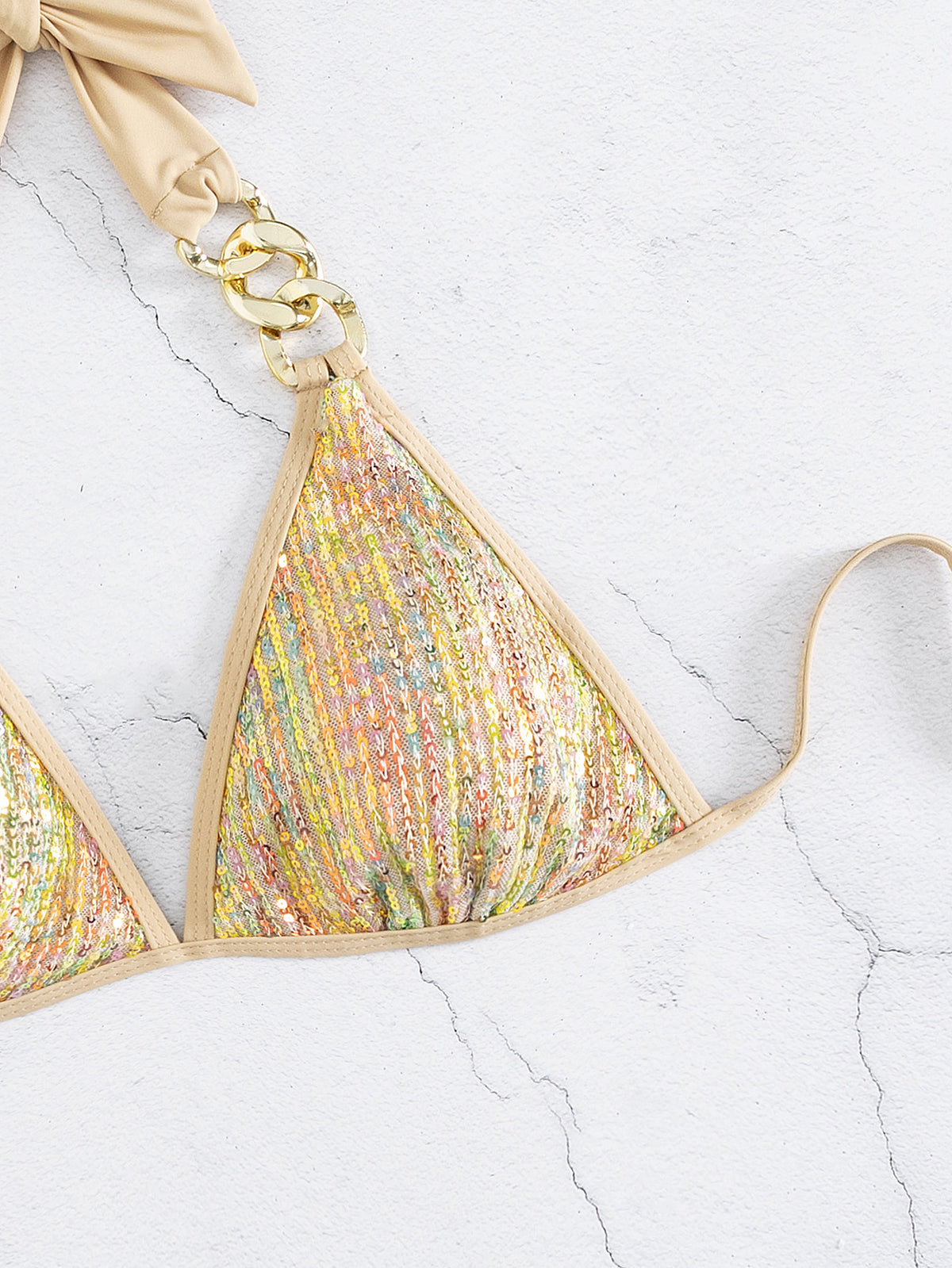 Sequin Chain Link Triangle Bikini Set - Golden - 6