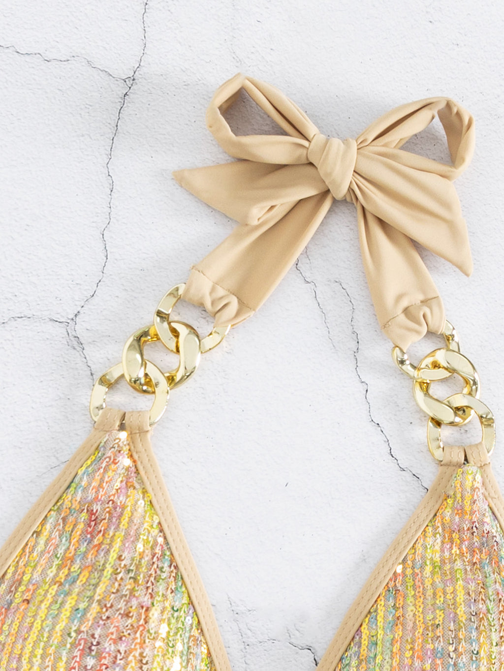 Sequin Chain Link Triangle Bikini Set - Golden - 7