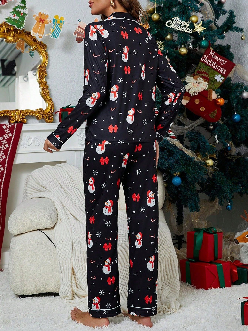Holiday Print Button Up Pajama Set - Black - 1