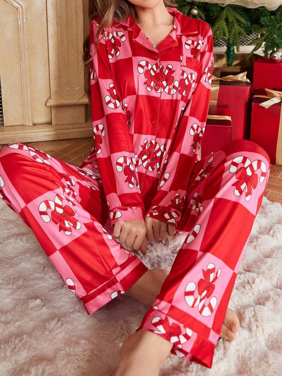 Holiday Print Button Up Pajama Set - Red