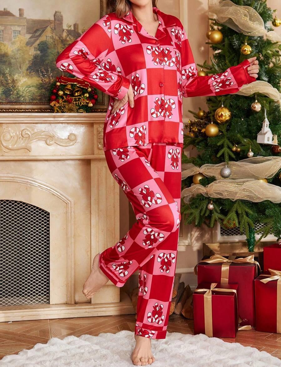 Holiday Print Button Up Pajama Set - Red - 1