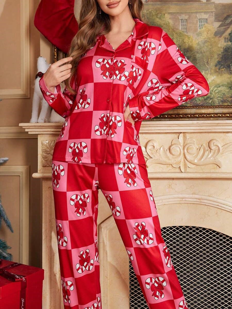 Holiday Print Button Up Pajama Set - Red - 2