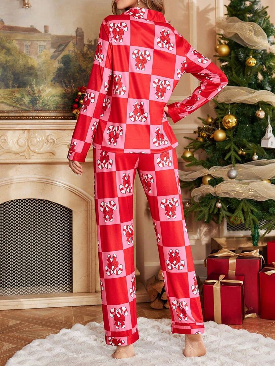 Holiday Print Button Up Pajama Set - Red - 3