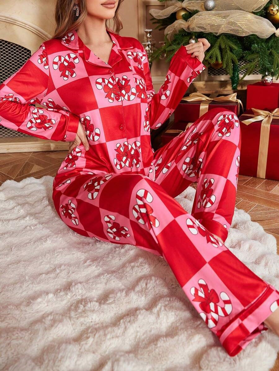 Holiday Print Button Up Pajama Set - Red - 4