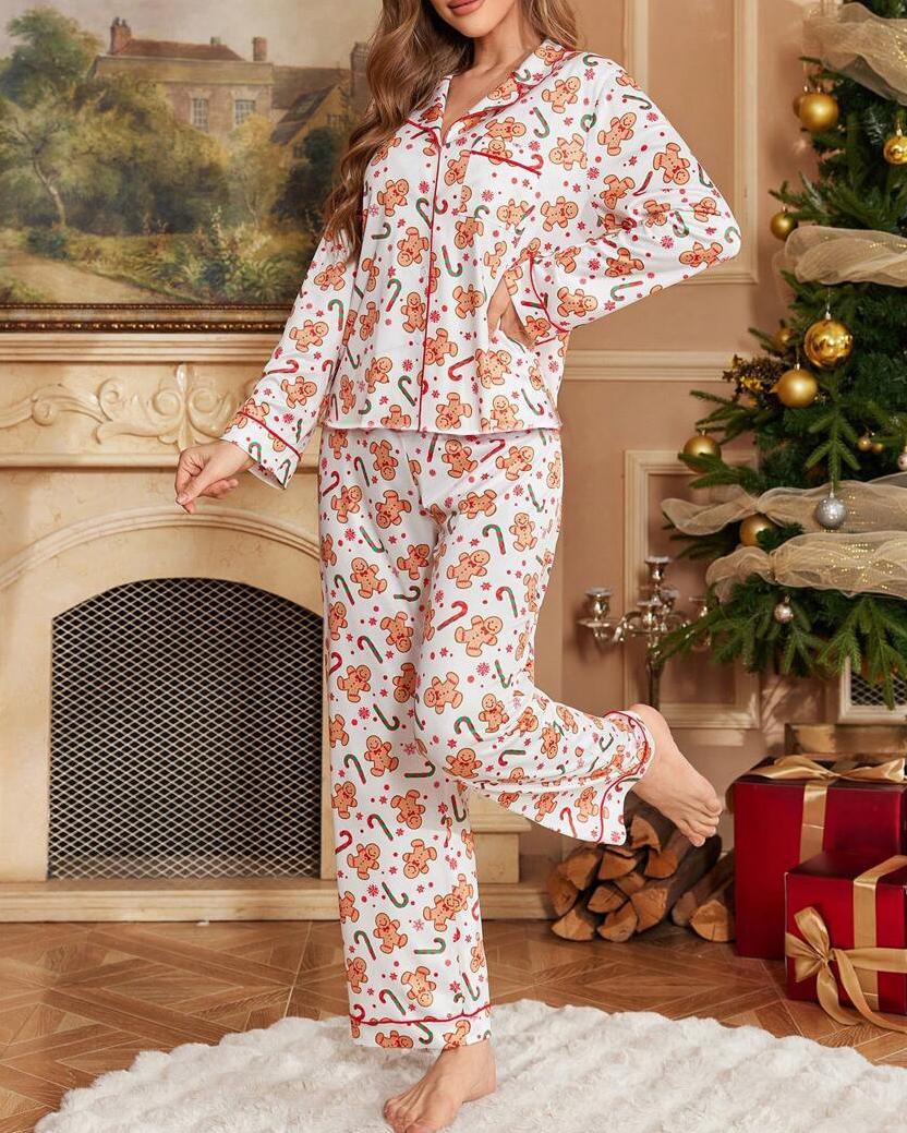 Holiday Print Button Up Pajama Set - White