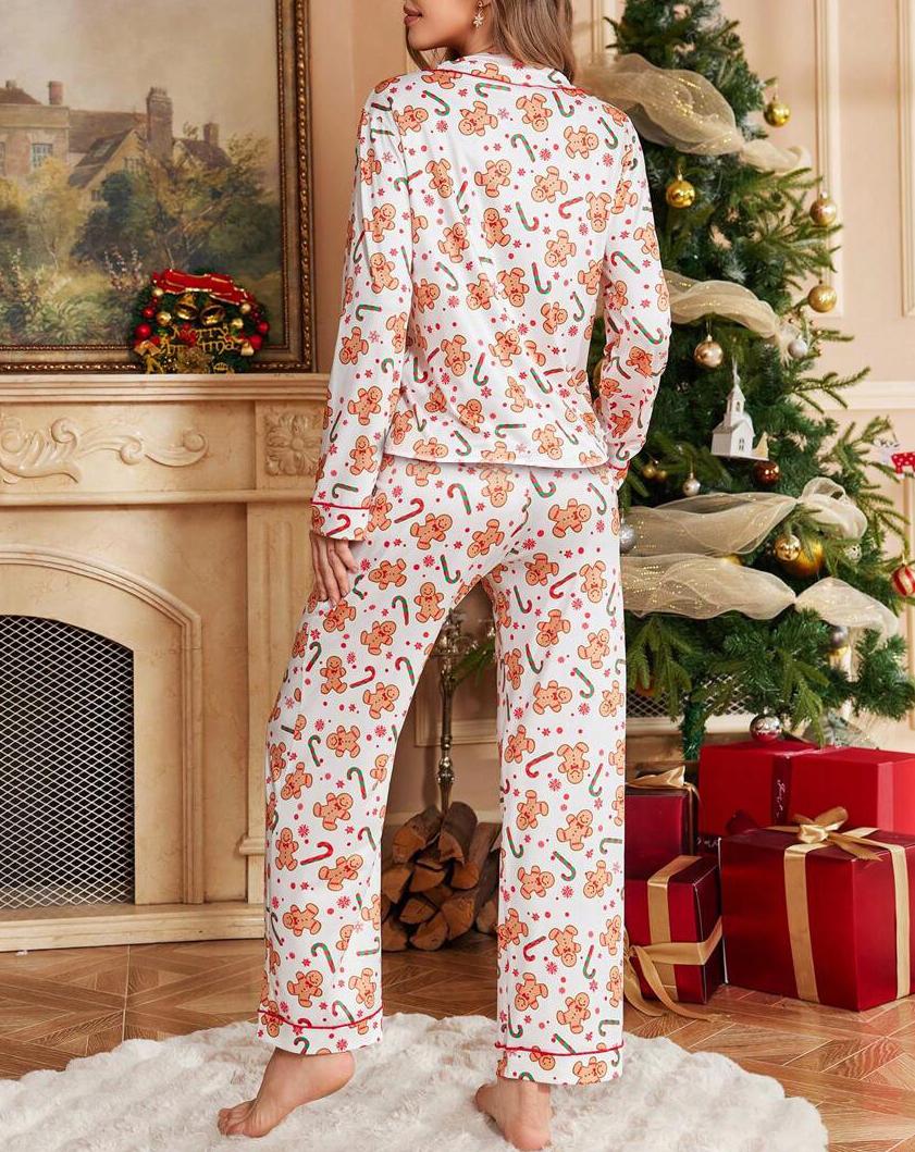 Holiday Print Button Up Pajama Set - White - 1